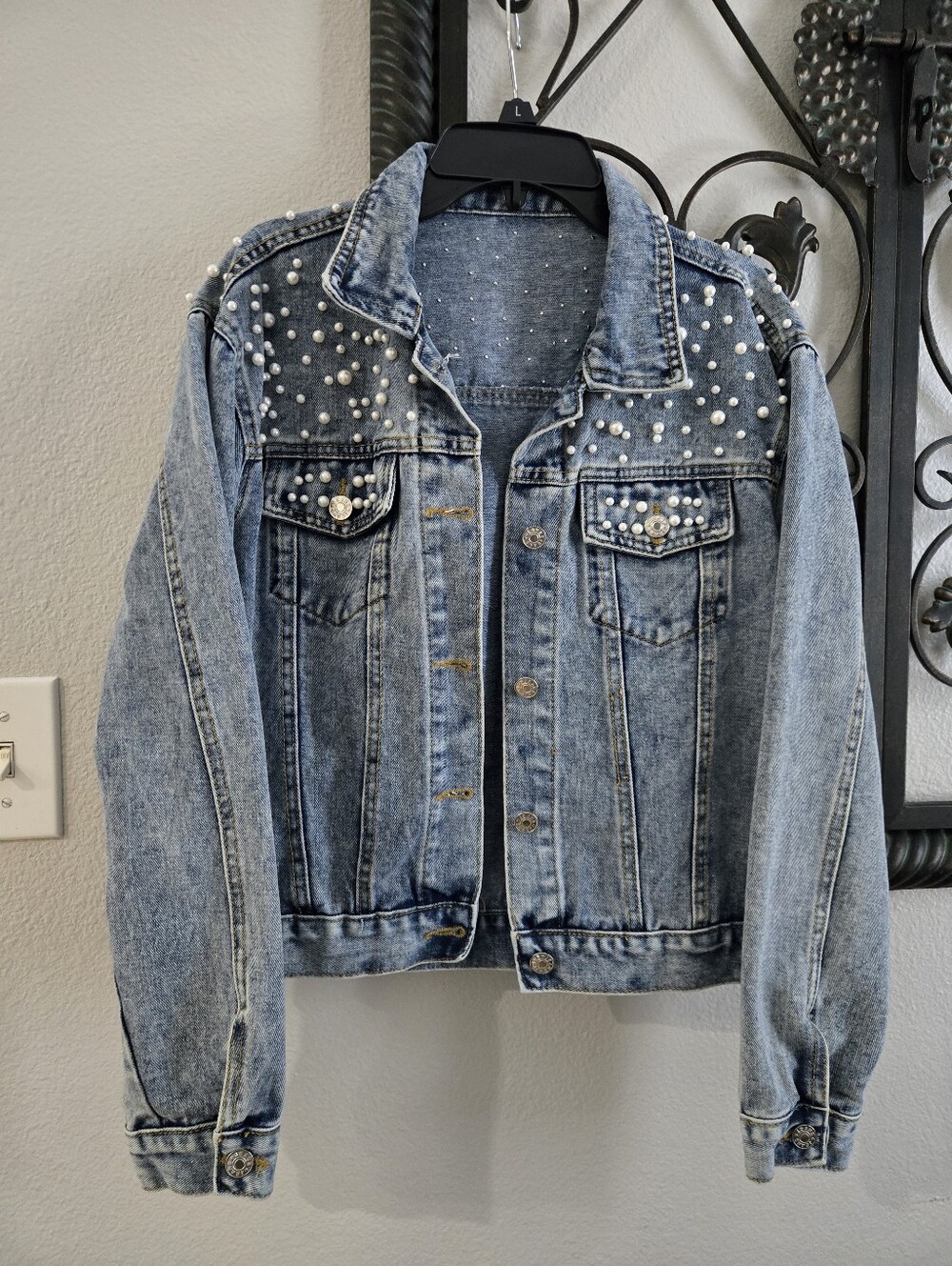 Pearl Embellished Light Blue Denim Jacket - Women